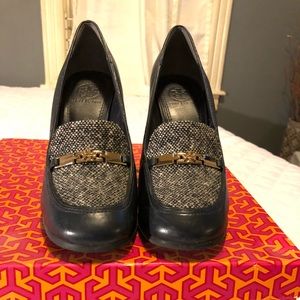 Tory Burch Tweed & Leather Loafer Wedges- US 7.5